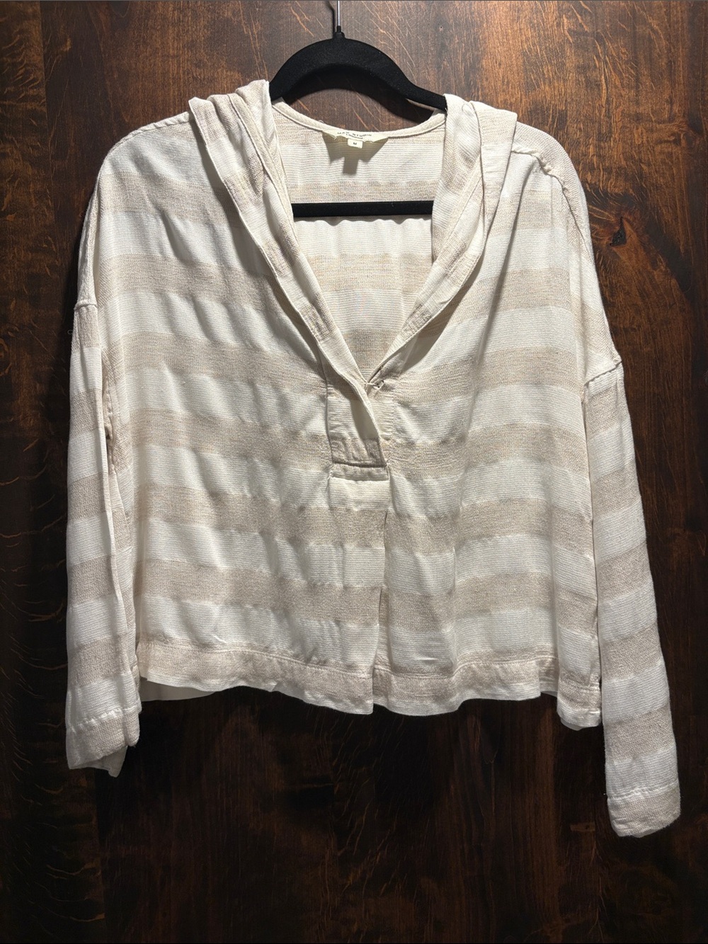 Max Studio Cream & White Striped Hooded Tunic